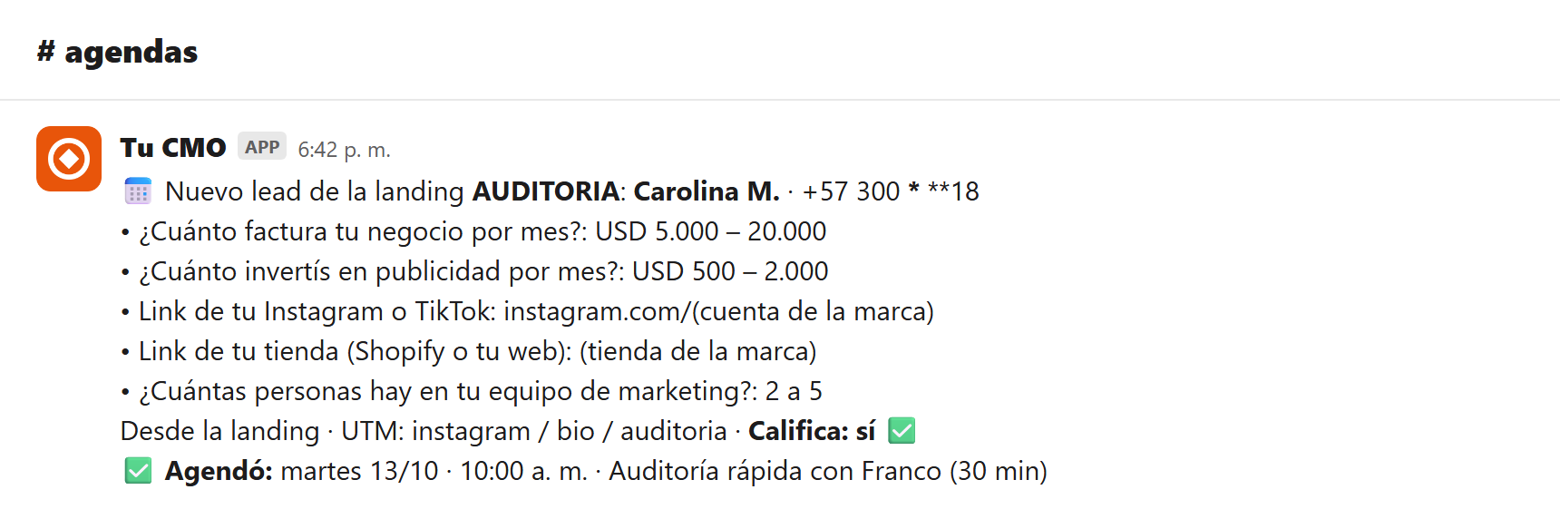 Tu CMO en Slack: aviso de una persona que agendó, con sus respuestas
